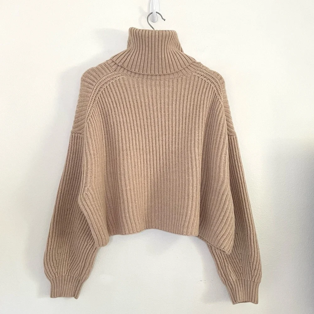 Aritzia Babaton Guell Funnel Neck Sweater Merino Wool Slouchy Turtleneck Camel L